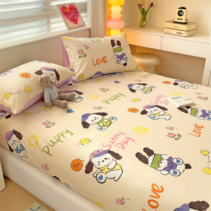 91家纺网 家纺一手货源 找家纺 名兮家居 2024新款全棉印花单床笠 潮流小狗