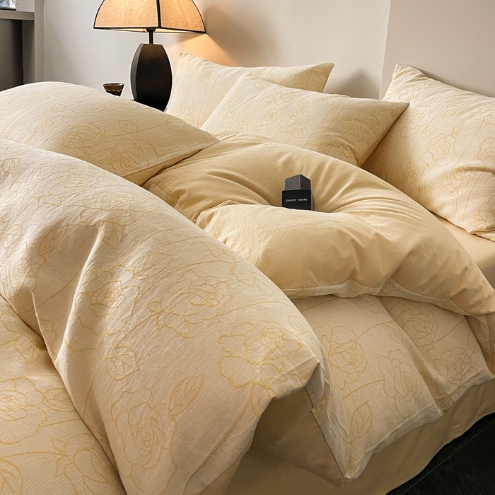 91家纺网 家纺一手货源 找家纺 ab家纺 2024新款全棉三层纱提花四件套系列-玫瑰 玫瑰杏