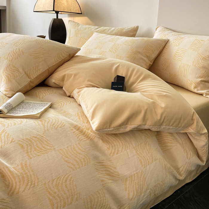 91家纺网 家纺一手货源 找家纺 ab家纺 2024新款全棉三层纱提花四件套系列-方格 方格杏