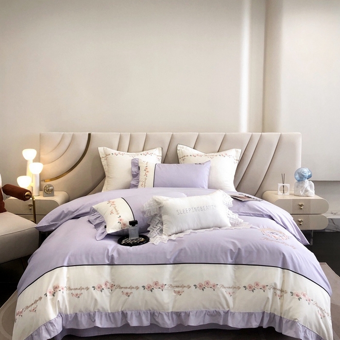 91家纺网 家纺一手货源 找家纺 卡姿家纺 2024新款春夏全棉优雅刺绣四件套-爱尔莎 爱尔莎-紫