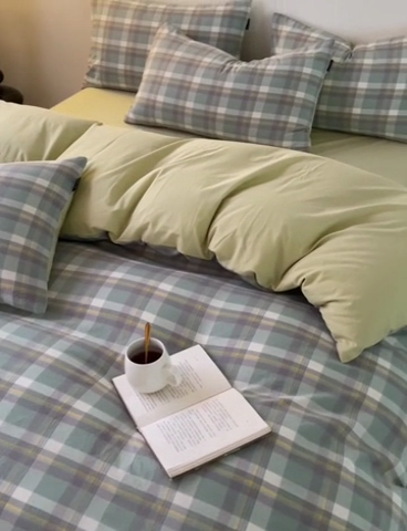 91家纺网 家纺一手货源 找家纺 小懒猪 2024新款色织水洗棉格子款四件套 羽田绿