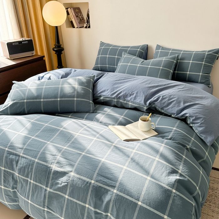 91家纺网 家纺一手货源 找家纺 小懒猪 2024新款色织水洗棉格子款四件套 糖果蓝大格