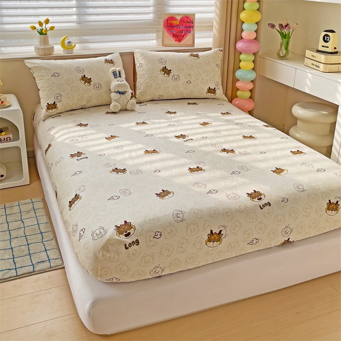 91家纺网 家纺一手货源 找家纺 名兮家居 2024新款全棉印花单床笠 龙宝宝-奶咖