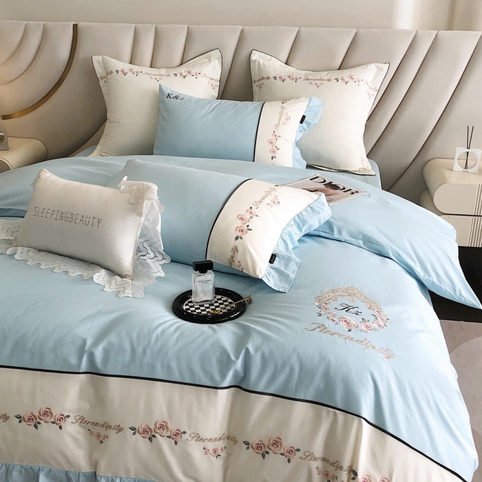 91家纺网 家纺一手货源 找家纺 卡姿家纺 2024新款春夏全棉优雅刺绣四件套-爱尔莎 爱尔莎-蓝