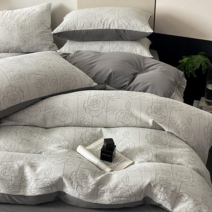 91家纺网 家纺一手货源 找家纺 ab家纺 2024新款全棉三层纱提花四件套系列-玫瑰 玫瑰灰