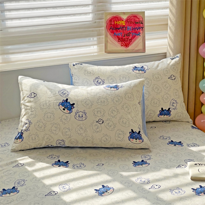 91家纺网 家纺一手货源 找家纺 名兮家居 2024新款全棉印花单床笠 龙宝宝-蓝