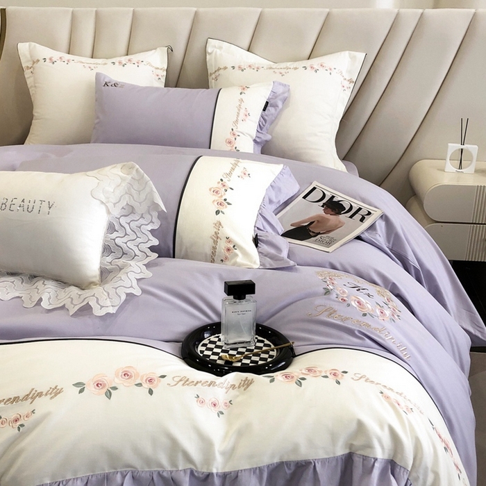 91家纺网 家纺一手货源 找家纺 卡姿家纺 2024新款春夏全棉优雅刺绣四件套-爱尔莎 爱尔莎-紫