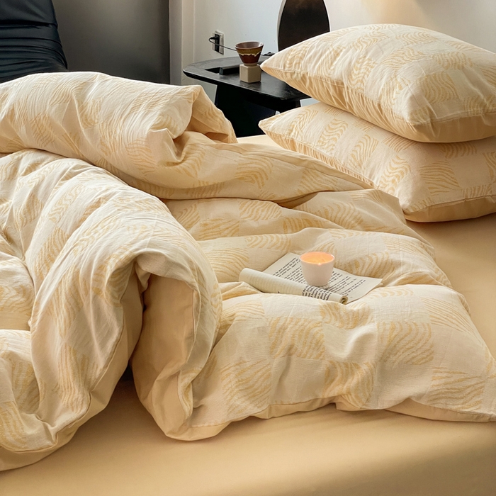 91家纺网 家纺一手货源 找家纺 ab家纺 2024新款全棉三层纱提花四件套系列-方格 方格杏