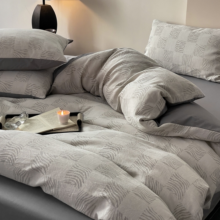 91家纺网 家纺一手货源 找家纺 ab家纺 2024新款全棉三层纱提花四件套系列-方格 方格灰