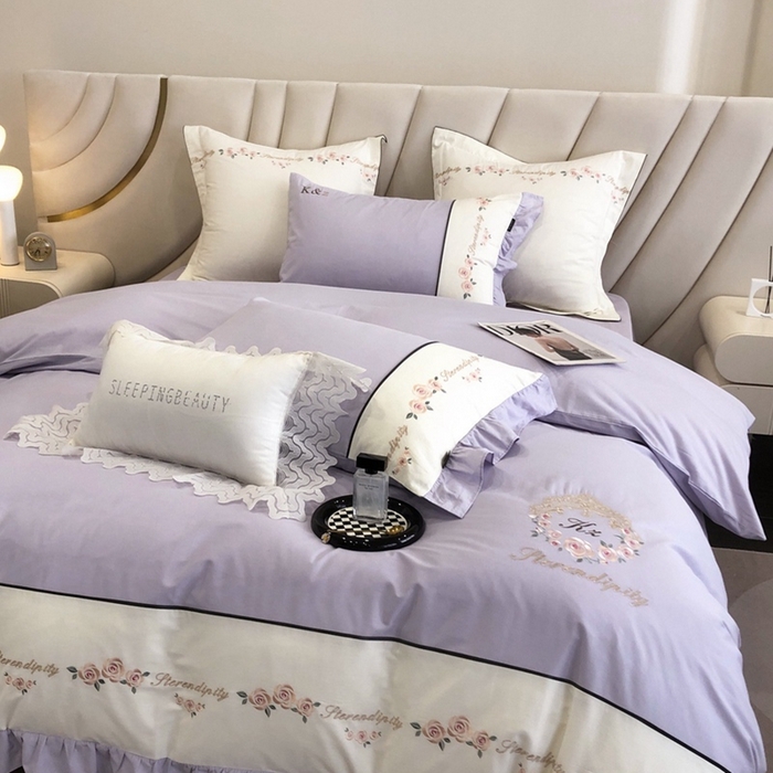 91家纺网 家纺一手货源 找家纺 卡姿家纺 2024新款春夏全棉优雅刺绣四件套-爱尔莎 爱尔莎-紫