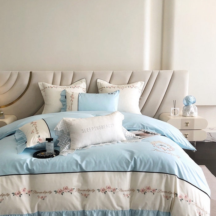 91家纺网 家纺一手货源 找家纺 卡姿家纺 2024新款春夏全棉优雅刺绣四件套-爱尔莎 爱尔莎-蓝