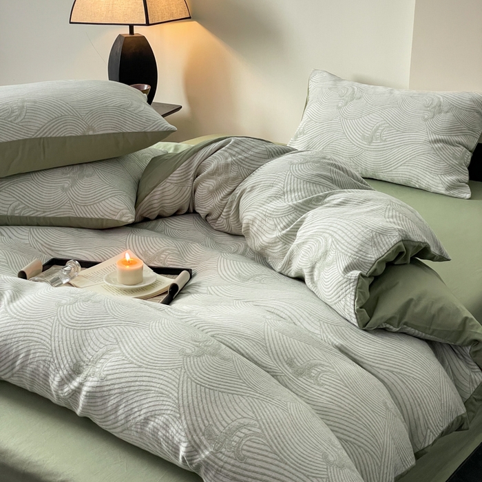 91家纺网 家纺一手货源 找家纺 ab家纺 2024新款全棉三层纱提花四件套系列-浪花 浪花绿