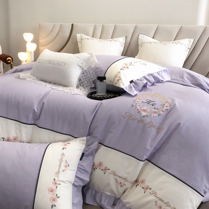 91家纺网 家纺一手货源 找家纺 卡姿家纺 2024新款春夏全棉优雅刺绣四件套-爱尔莎 爱尔莎-紫