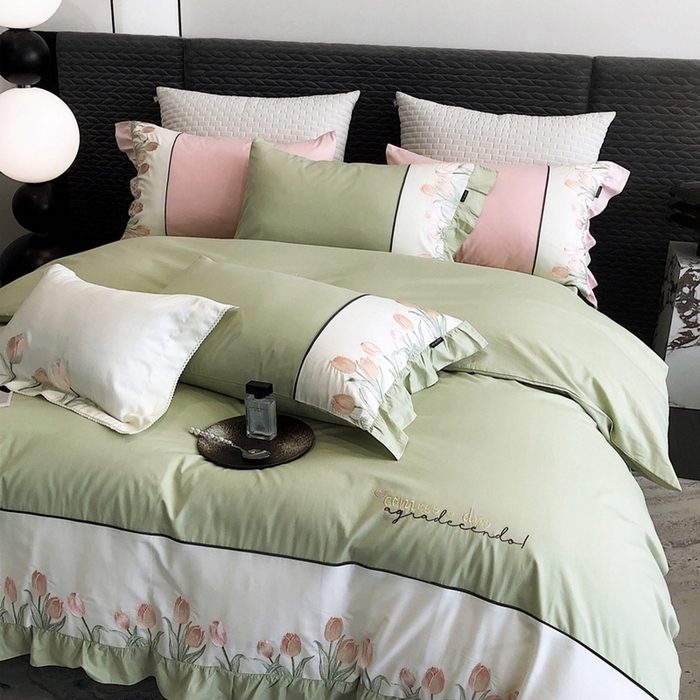 91家纺网 家纺一手货源 找家纺 卡姿家纺 2024新款秋冬全棉优雅刺绣四件套—粉色郁金香 粉色郁金香-豆绿