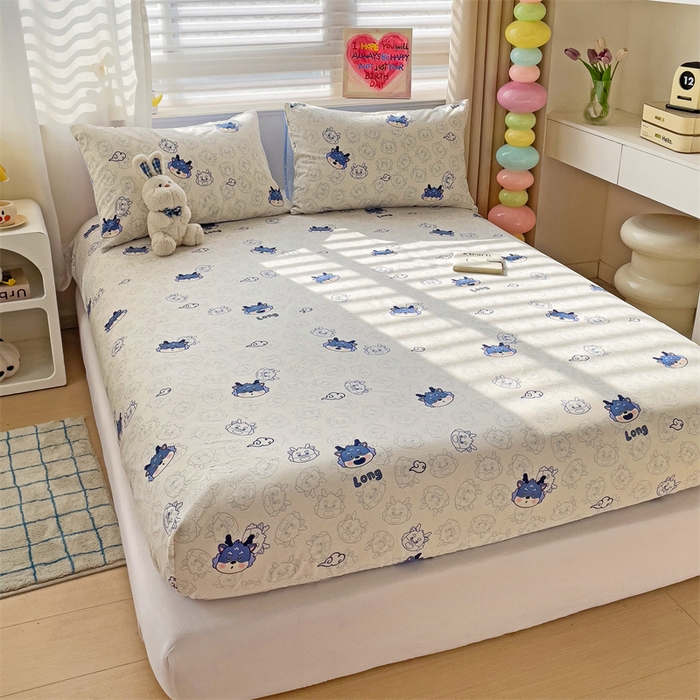 91家纺网 家纺一手货源 找家纺 名兮家居 2024新款全棉印花单床笠 龙宝宝-蓝