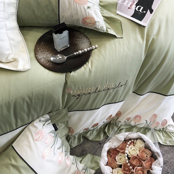 91家纺网 家纺一手货源 找家纺 卡姿家纺 2024新款秋冬全棉优雅刺绣四件套—粉色郁金香 粉色郁金香-豆绿