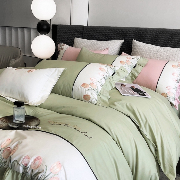 91家纺网 家纺一手货源 找家纺 卡姿家纺 2024新款秋冬全棉优雅刺绣四件套—粉色郁金香 粉色郁金香-豆绿