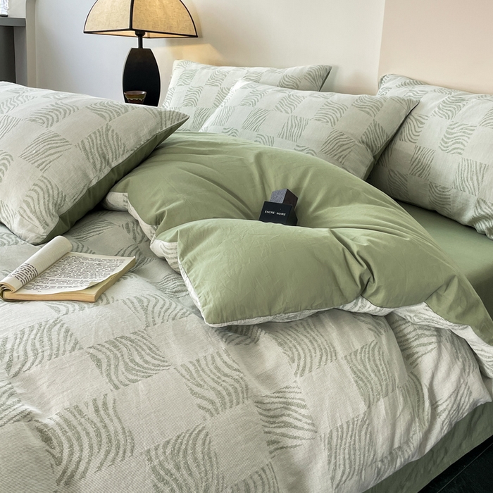 91家纺网 家纺一手货源 找家纺 ab家纺 2024新款全棉三层纱提花四件套系列-方格 方格绿