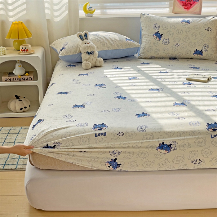 91家纺网 家纺一手货源 找家纺 名兮家居 2024新款全棉印花单床笠 龙宝宝-蓝