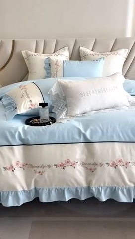 91家纺网 家纺一手货源 找家纺 卡姿家纺 2024新款春夏全棉优雅刺绣四件套-爱尔莎 爱尔莎-蓝