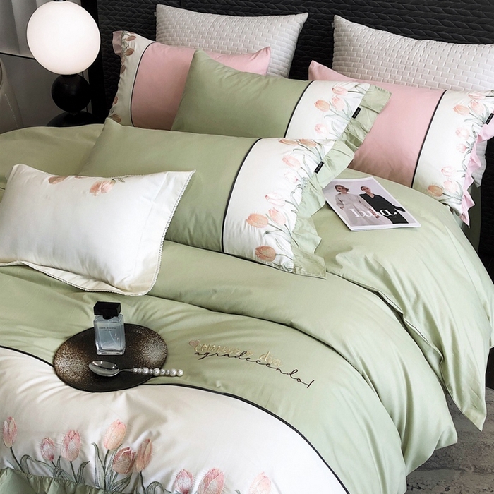 91家纺网 家纺一手货源 找家纺 卡姿家纺 2024新款秋冬全棉优雅刺绣四件套—粉色郁金香 粉色郁金香-豆绿