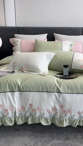 91家纺网 家纺一手货源 找家纺 卡姿家纺 2024新款秋冬全棉优雅刺绣四件套—粉色郁金香 粉色郁金香-豆绿