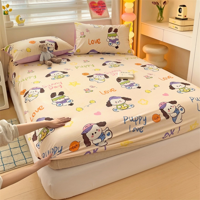 91家纺网 家纺一手货源 找家纺 名兮家居 2024新款全棉印花单床笠 潮流小狗