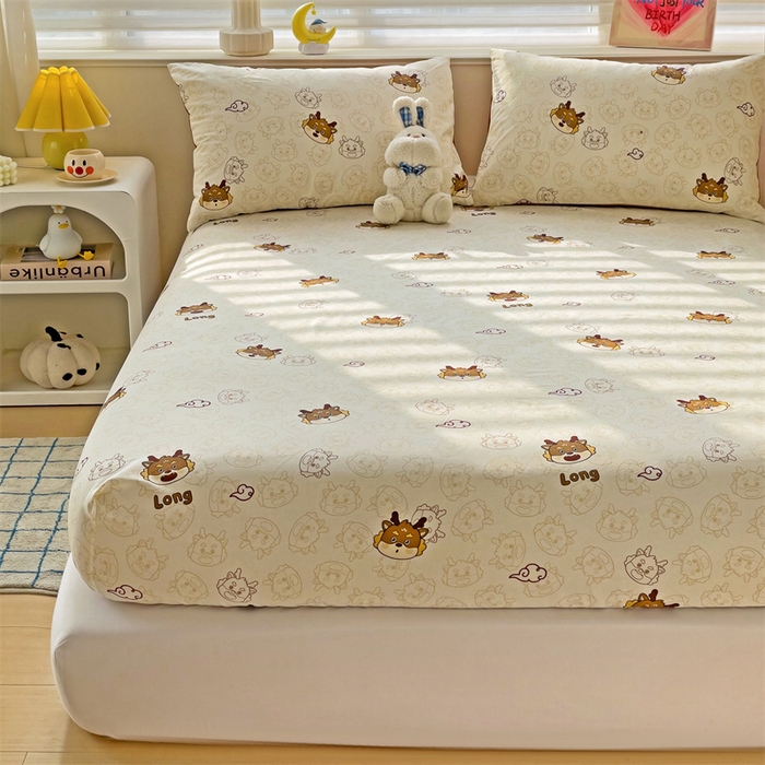 91家纺网 家纺一手货源 找家纺 名兮家居 2024新款全棉印花单床笠 龙宝宝-奶咖