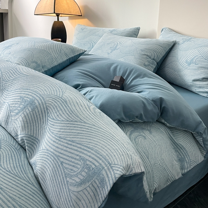 91家纺网 家纺一手货源 找家纺 ab家纺 2024新款全棉三层纱提花四件套系列-浪花 浪花-蓝