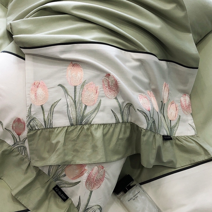 91家纺网 家纺一手货源 找家纺 卡姿家纺 2024新款秋冬全棉优雅刺绣四件套—粉色郁金香 粉色郁金香-豆绿