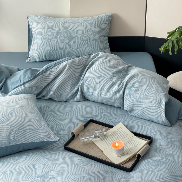 91家纺网 家纺一手货源 找家纺 ab家纺 2024新款全棉三层纱提花四件套系列-浪花 浪花-蓝