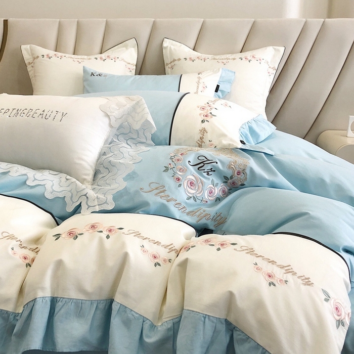 91家纺网 家纺一手货源 找家纺 卡姿家纺 2024新款春夏全棉优雅刺绣四件套-爱尔莎 爱尔莎-蓝