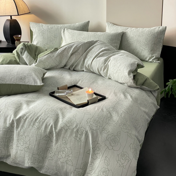 91家纺网 家纺一手货源 找家纺 ab家纺 2024新款全棉三层纱提花四件套系列-玫瑰 玫瑰绿