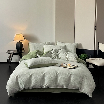 91家纺网 家纺一手货源 找家纺 ab家纺 2024新款全棉三层纱提花四件套系列-浪花 浪花绿