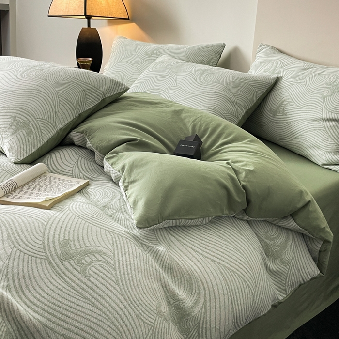 91家纺网 家纺一手货源 找家纺 ab家纺 2024新款全棉三层纱提花四件套系列-浪花 浪花绿