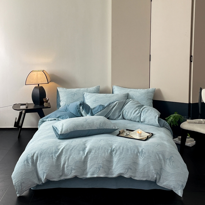 91家纺网 家纺一手货源 找家纺 ab家纺 2024新款全棉三层纱提花四件套系列-浪花 浪花-蓝