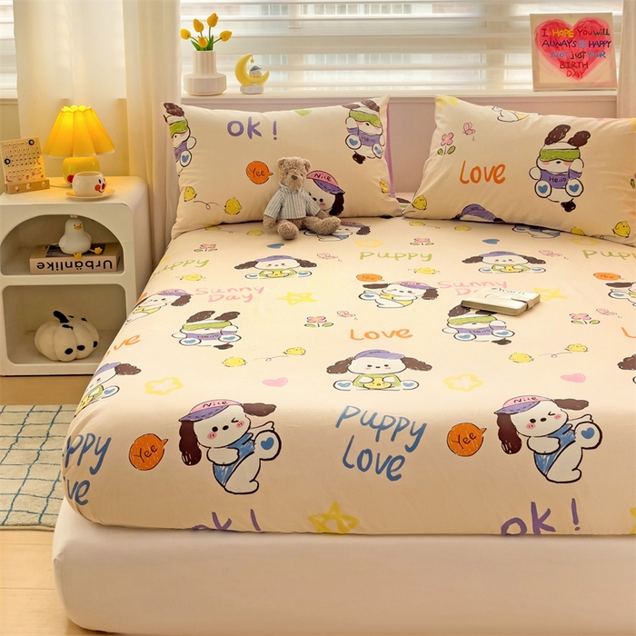 91家纺网 家纺一手货源 找家纺 名兮家居 2024新款全棉印花单床笠 潮流小狗