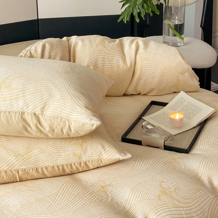 91家纺网 家纺一手货源 找家纺 ab家纺 2024新款全棉三层纱提花四件套系列-浪花 浪花杏