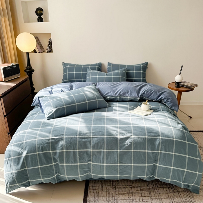 91家纺网 家纺一手货源 找家纺 小懒猪 2024新款色织水洗棉格子款四件套 糖果蓝大格