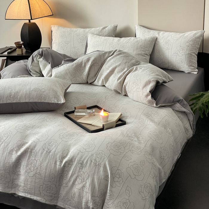 91家纺网 家纺一手货源 找家纺 ab家纺 2024新款全棉三层纱提花四件套系列-玫瑰 玫瑰灰