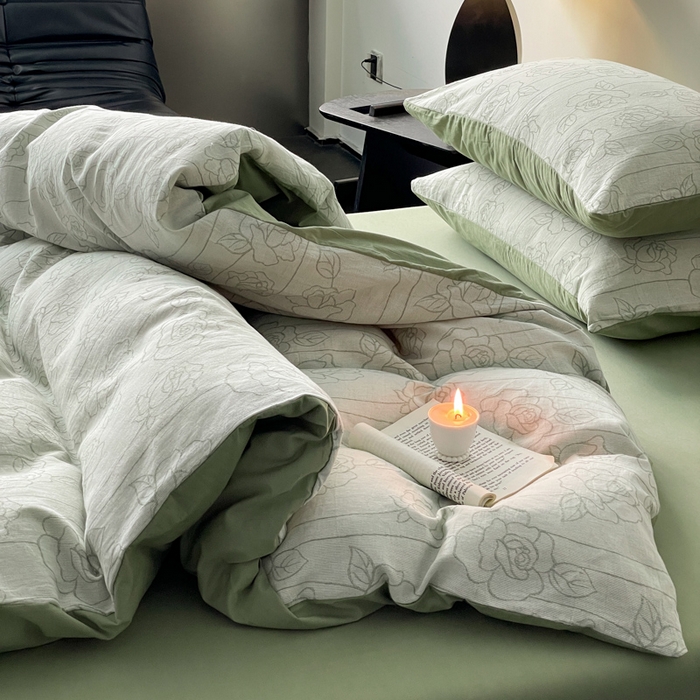 91家纺网 家纺一手货源 找家纺 ab家纺 2024新款全棉三层纱提花四件套系列-玫瑰 玫瑰绿