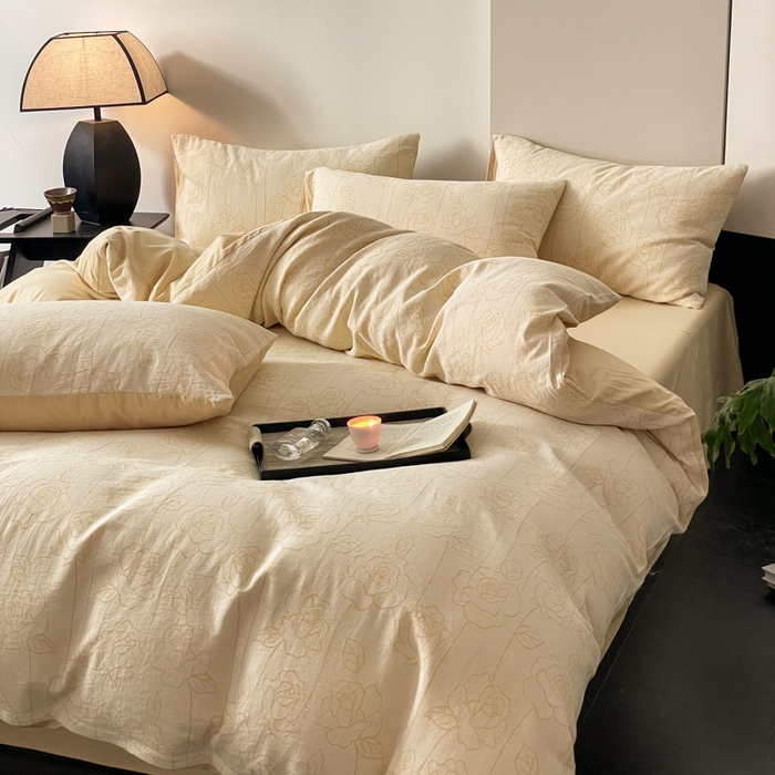 91家纺网 家纺一手货源 找家纺 ab家纺 2024新款全棉三层纱提花四件套系列-玫瑰 玫瑰杏