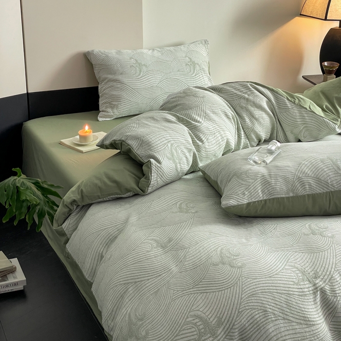 91家纺网 家纺一手货源 找家纺 ab家纺 2024新款全棉三层纱提花四件套系列-浪花 浪花绿