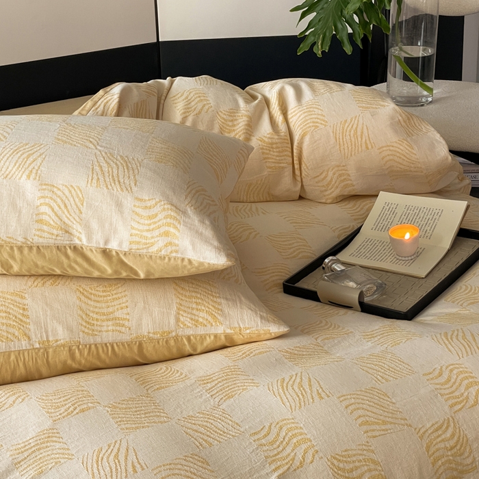 91家纺网 家纺一手货源 找家纺 ab家纺 2024新款全棉三层纱提花四件套系列-方格 方格杏