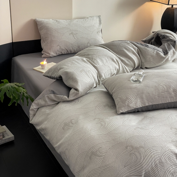 91家纺网 家纺一手货源 找家纺 ab家纺 2024新款全棉三层纱提花四件套系列-浪花 浪花灰