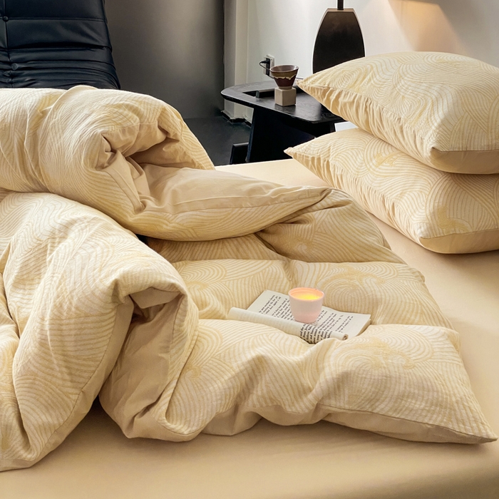 91家纺网 家纺一手货源 找家纺 ab家纺 2024新款全棉三层纱提花四件套系列-浪花 浪花杏