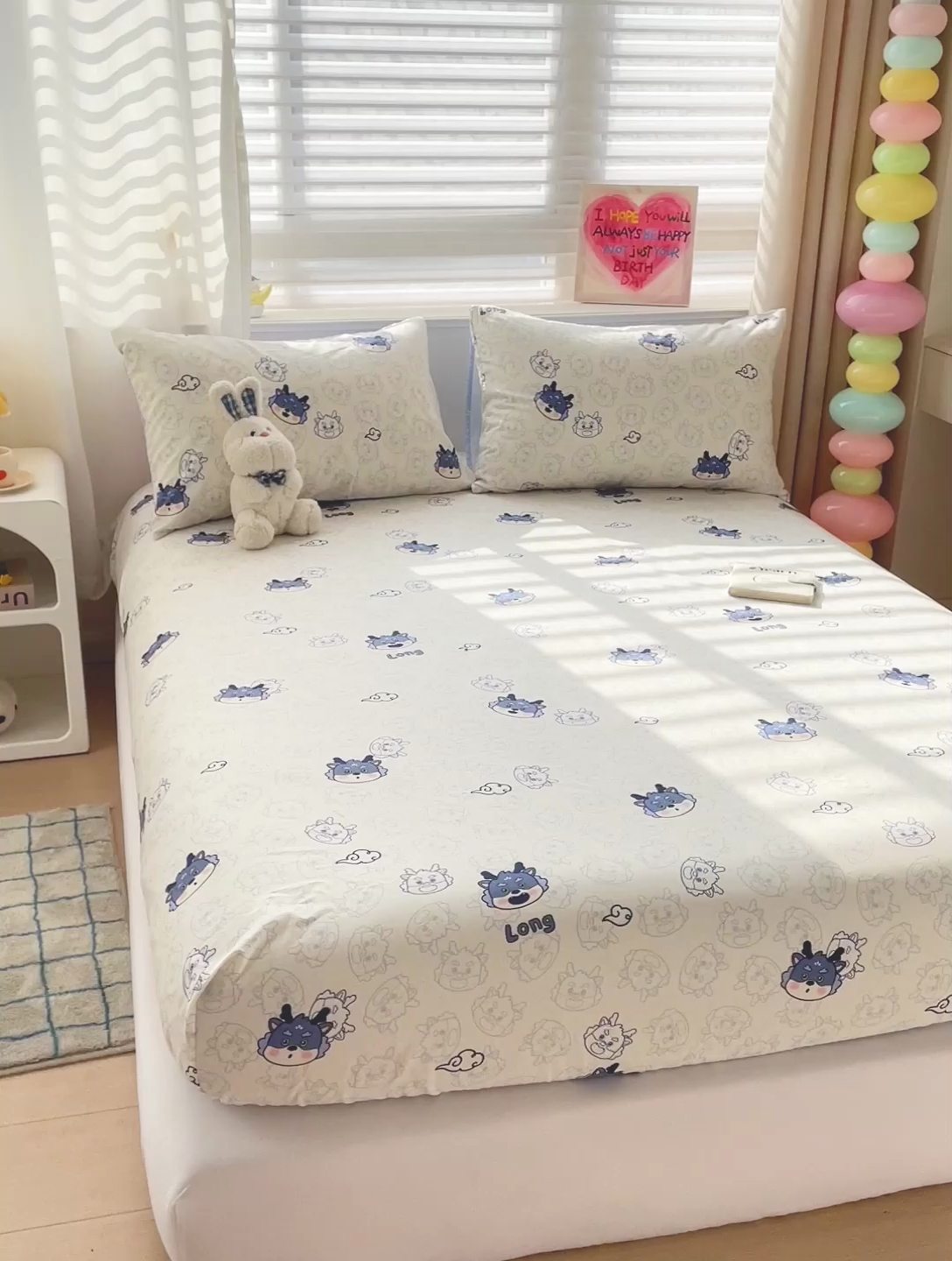 91家纺网 家纺一手货源 找家纺 名兮家居 2024新款全棉印花单床笠 龙宝宝-蓝