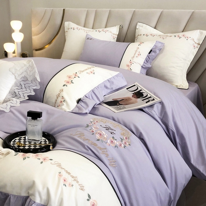 91家纺网 家纺一手货源 找家纺 卡姿家纺 2024新款春夏全棉优雅刺绣四件套-爱尔莎 爱尔莎-紫