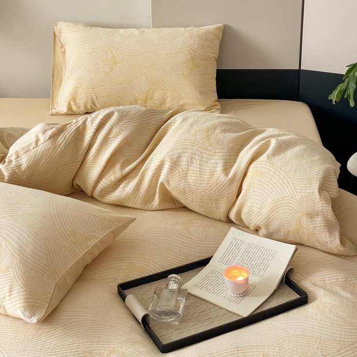 91家纺网 家纺一手货源 找家纺 ab家纺 2024新款全棉三层纱提花四件套系列-浪花 浪花杏