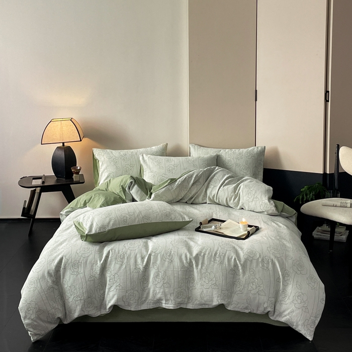 91家纺网 家纺一手货源 找家纺 ab家纺 2024新款全棉三层纱提花四件套系列-玫瑰 玫瑰绿